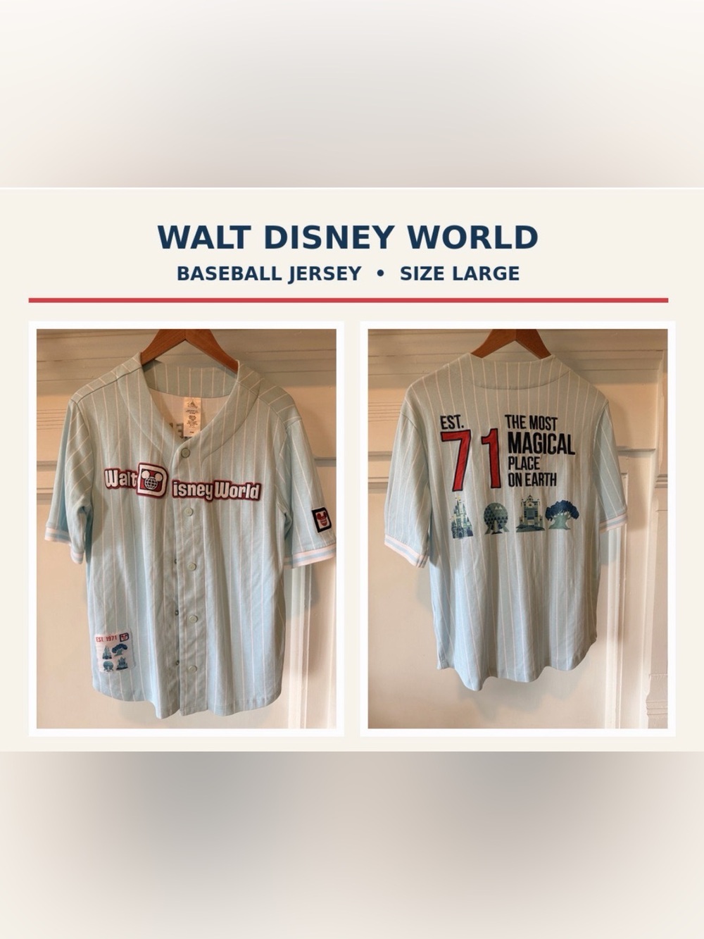 Disney Light Blue Pinstripe Baseball Jersey with Red Numbering